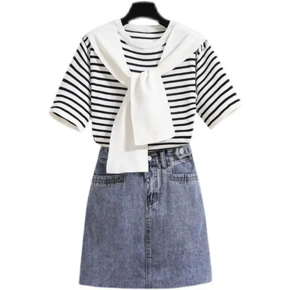 Women Casual Stripe Shawl T Shirt Skirts Two Piece Set 2025 Summer Student Fashion Tops Denim A-Line Skirt Outfits Lady Clothes