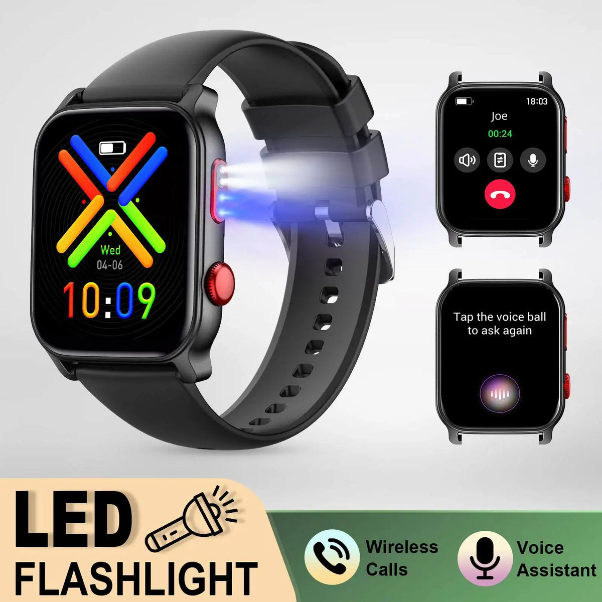 Smart Watch for Men 1.83 inch Screen 100+ Sports Modes Wireless Call Flashlight IP68 Waterproof Sleep Monitoring Sport Smartwat