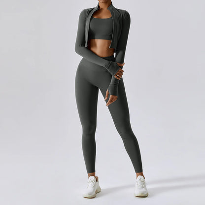 Workout Outfit Active Wear 3 Pieces Workout Clothes For Women Sports Bra High Waist Gym Leggings Long-Sleeved Fitness Sportswear