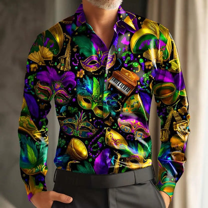 Mardi Gras Men's Colorful Carnival Mask with Feathers Shirt Long Sleeve Fashion Casual Party Summer 3D Print Button Up Shirts
