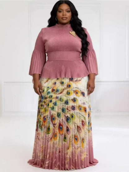 African Miyake Folds 2026 New Printing Set Loose Fashion Loose Women's Clothing Pleated Skirt Two-piece Set