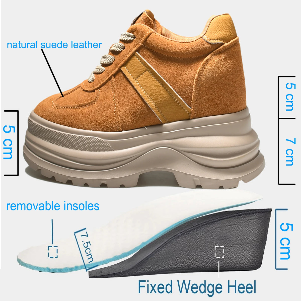 Fujin  Chunky Platform Sneakers for Fall Spring 5 Inch Heel Height Genuine Leather Suede Elevator Shoes for Petite Women New
