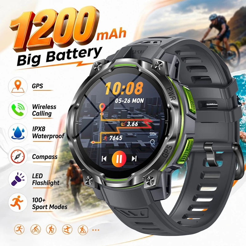 New smart sports watch, 1200mAh large capacity battery, GPS tracking, IPX8 waterproof, wireless communication, altimeter compass