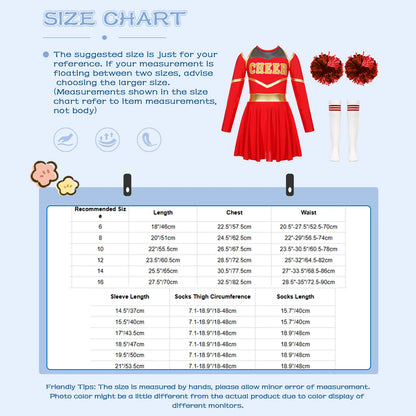 Kids Girls Cheerleading Cheer Dance Costume Cheerleader Dancing Outfits Long Sleeve Dress with Flower Balls Socks Halloween Sets