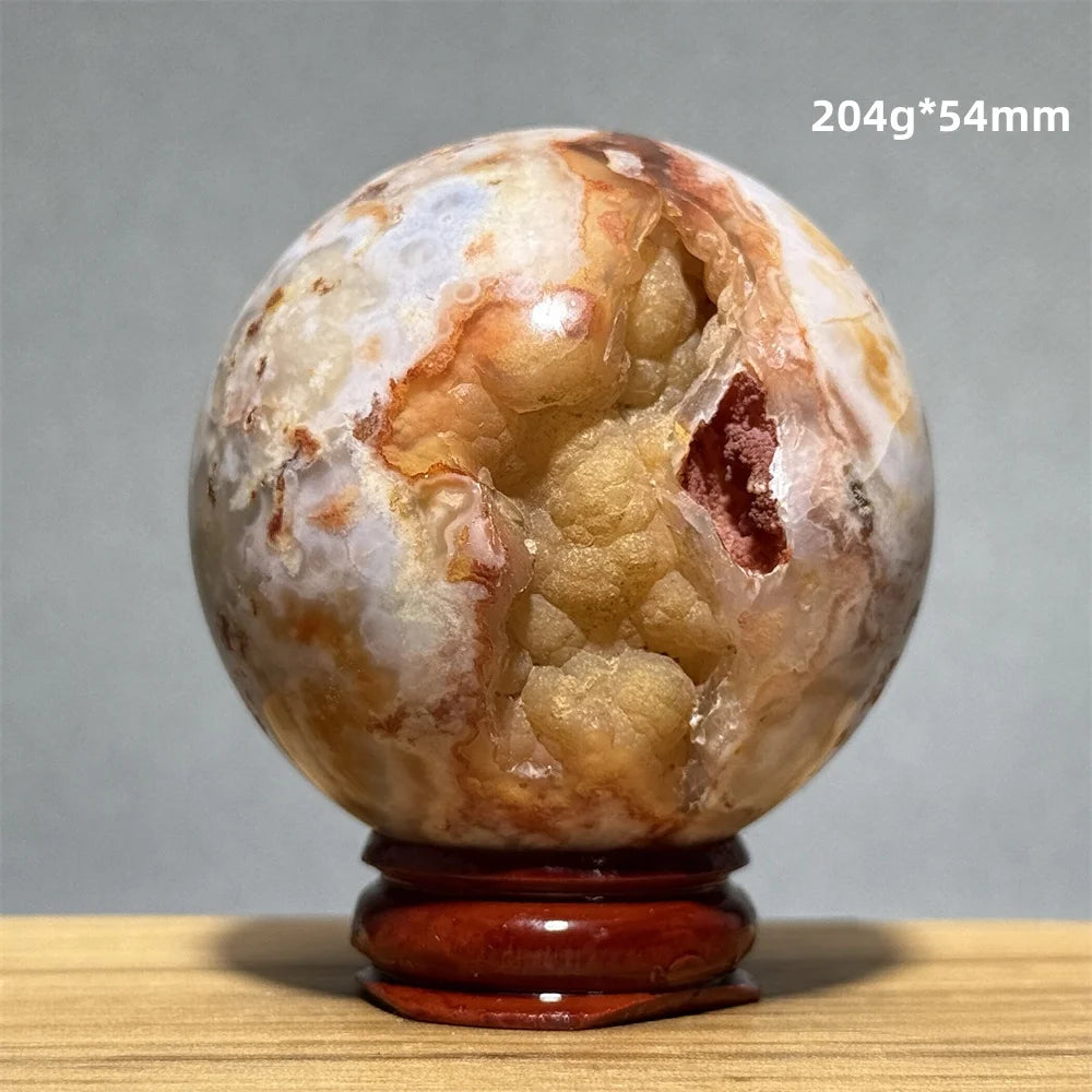 Red Cherry Blossom Agate Ball Natural Mineral Gem Aura Spiritual Meditation Massage Energy Divination Home Decoration Gift+Base