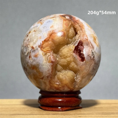 Red Cherry Blossom Agate Ball Natural Mineral Gem Aura Spiritual Meditation Massage Energy Divination Home Decoration Gift+Base
