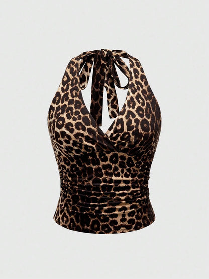 Retro Leopard Print Backless Fashion Sleeveless Summer Women's Casual Halterneck Vest Sexy Backless Lace-up Top Ropa Para Mujer