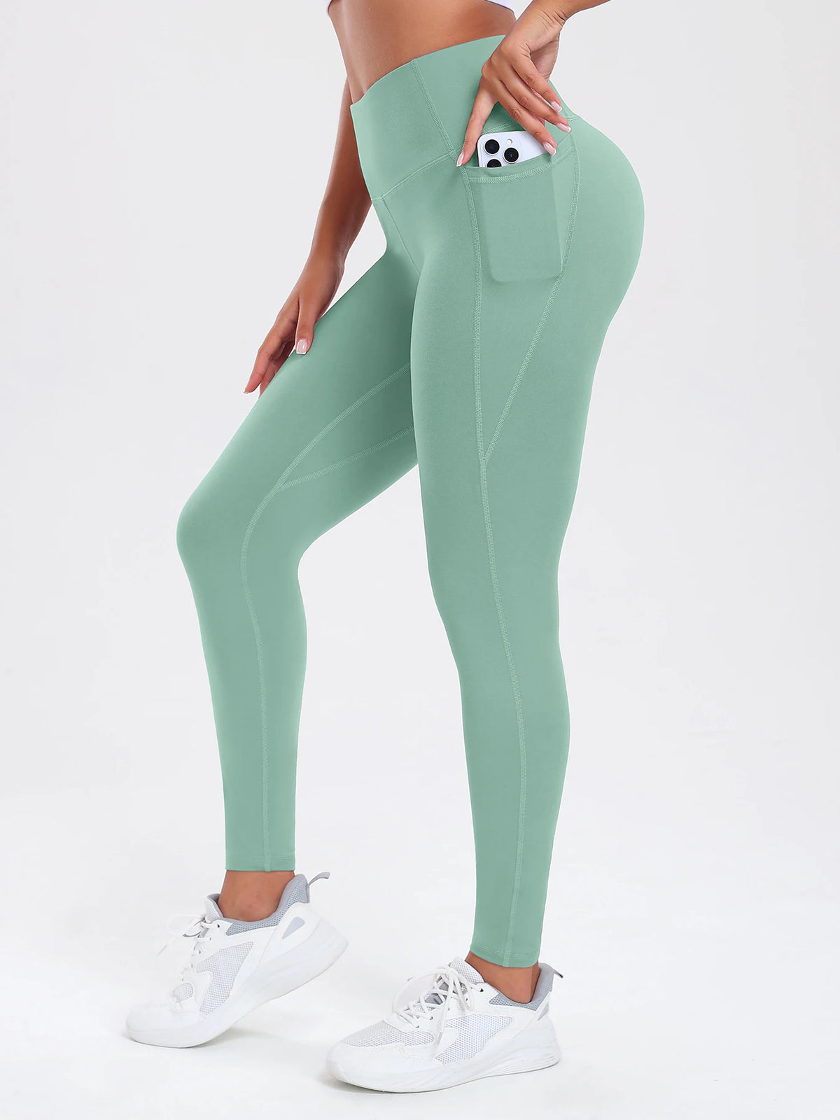Women Leggings with Double Pockets Solid Color High Waist Butt Lifting Workout Tights Slim Elastic Pants Casual Wear
