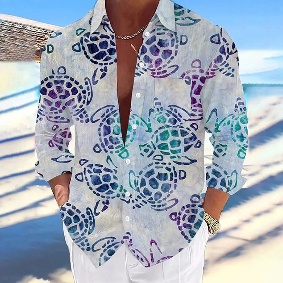 Men's Long-sleeved Linen Shirt Casual And Comfortable Printed Sea Octopus Turtle Series Pattern Hawaiian Comfortable Large Size