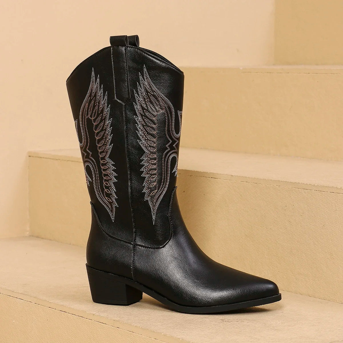 2025 Spring and Fall Fashion Pointy Solid Color Women's Mid-calf Boots with Mid-heel Sleeves Embroidered Western Cowboy Boots