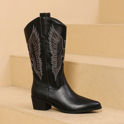 2025 Spring and Fall Fashion Pointy Solid Color Women's Mid-calf Boots with Mid-heel Sleeves Embroidered Western Cowboy Boots