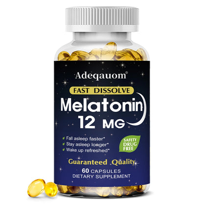 Melatonin 12mg Capsules - Adult Sleep Aid, Promotes Deep Sleep, Stress Relief, Jet Lag Adjust and Improves Immunity, Non-GMO