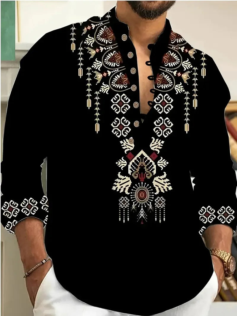 New Men's Long Sleeve Linen Shirt Tribal Vintage Street Long Sleeve Comfortable Soft Breathable Fashion Trend