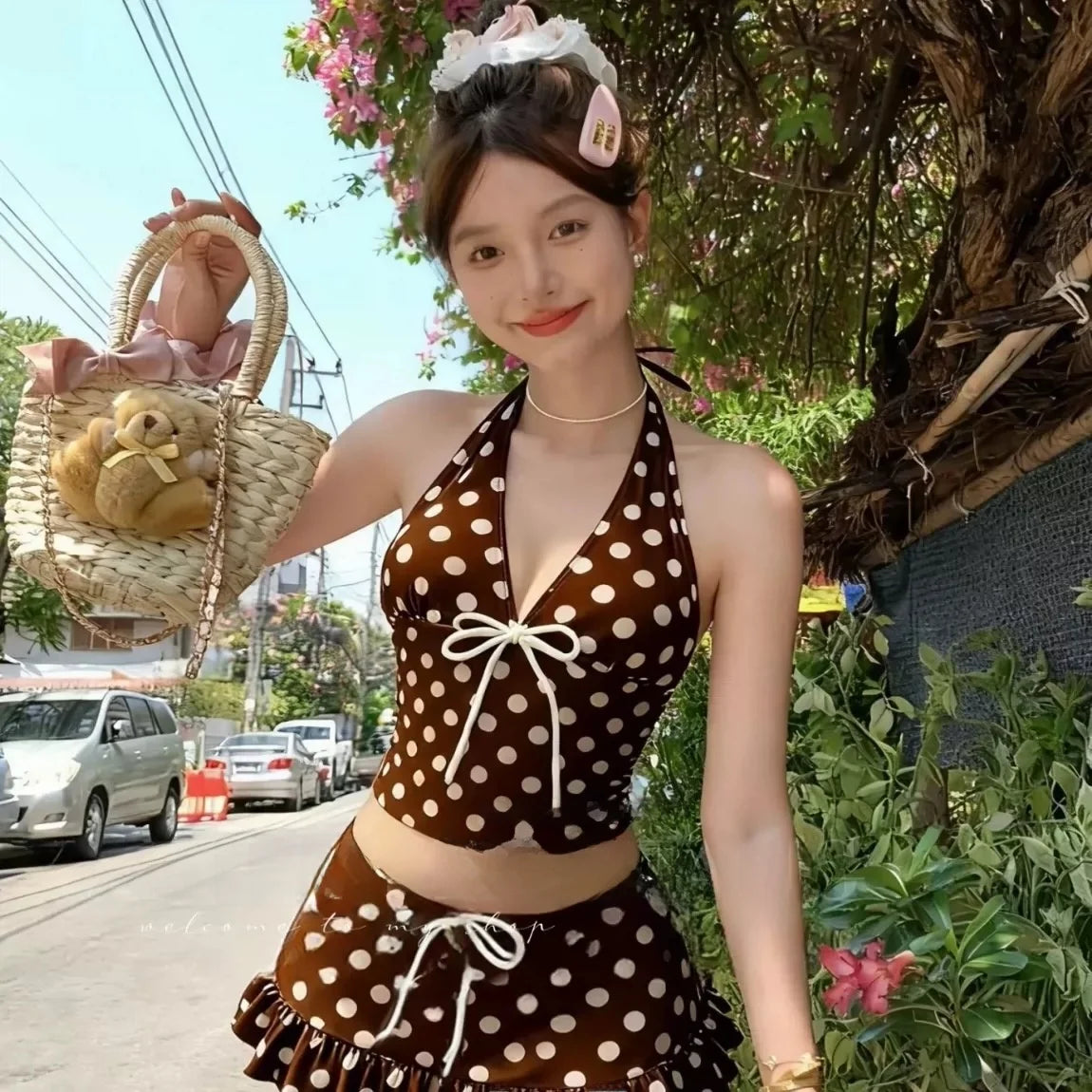 Women's Polka Dot Halter Neck Bikini  Swimsuit Slimming Small Chest Flattering Island Vacation Sportswear Yoga Fitness