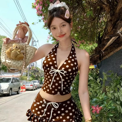 Women's Polka Dot Halter Neck Bikini  Swimsuit Slimming Small Chest Flattering Island Vacation Sportswear Yoga Fitness