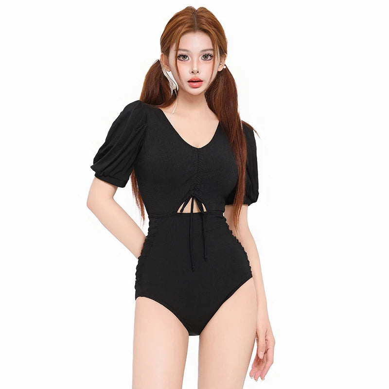 Women Swim Suit One-piece Swimsuits Ruched Front Korean Cut Out Swimwear Black Ladies Bathing Suits V Neck Monokini Beachwear