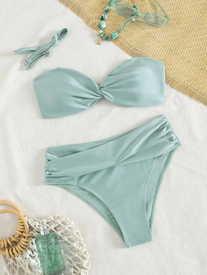 Sexy Tie Cross Push Up Padded Bikini Set 2026 Women Bandeau Pleate High Waist Swimsuit Summer Bathing Suit Two Piece Swimwear
