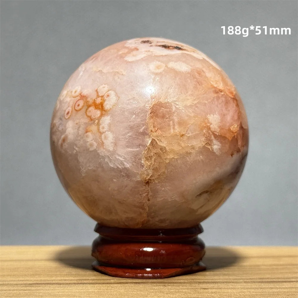 Red Cherry Blossom Agate Ball Natural Mineral Gem Aura Spiritual Meditation Massage Energy Divination Home Decoration Gift+Base