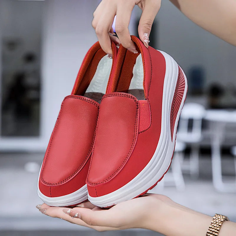 2026 Women's Shoes Spring Genuine Leather Soft Outsole Work Shoes Female Black Swing Woman Plus Size Wedges Single