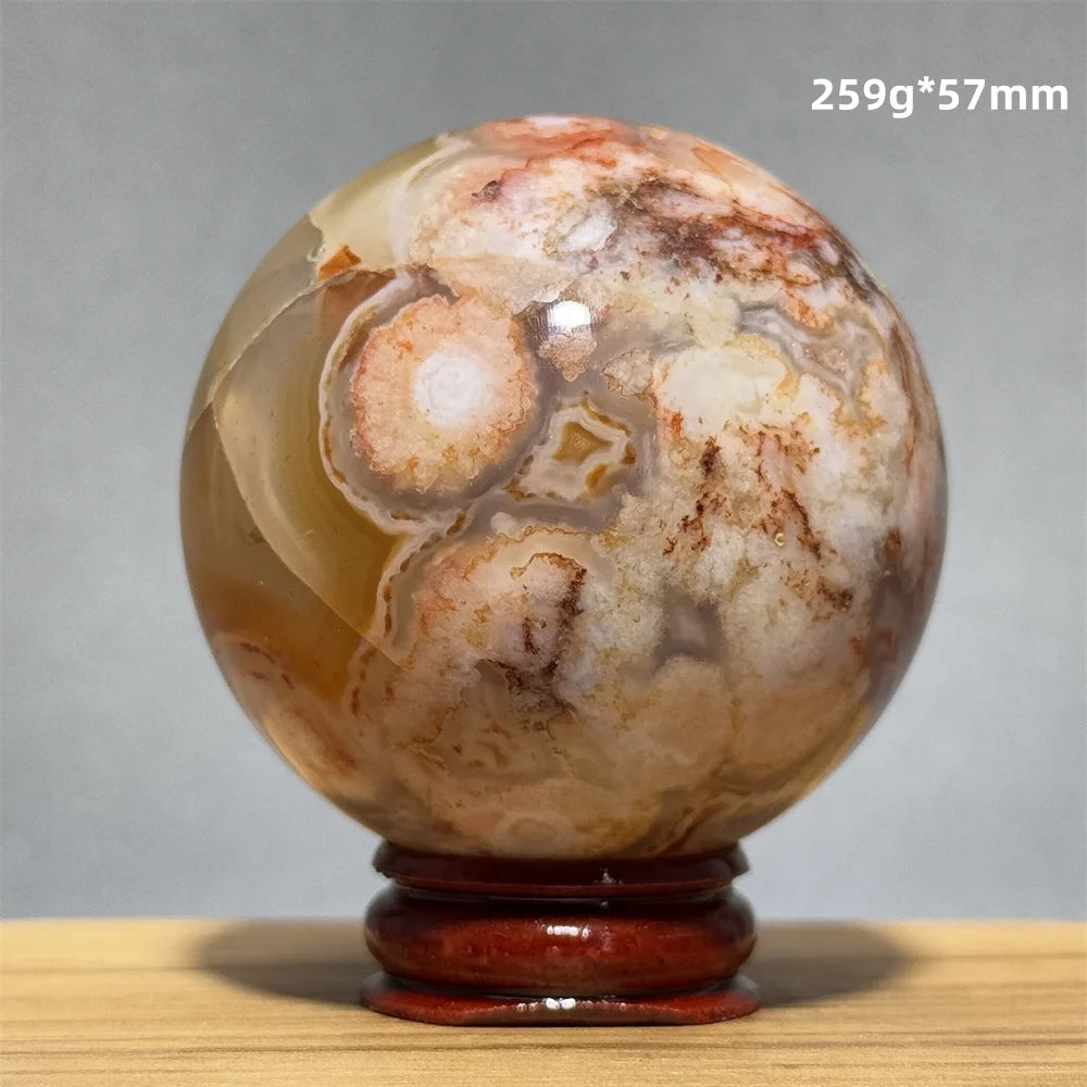 Red Cherry Blossom Agate Ball Natural Mineral Gem Aura Spiritual Meditation Massage Energy Divination Home Decoration Gift+Base