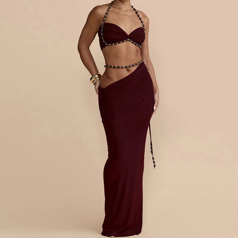 Women's Beach Style Halter Backless Sleeveless Short Top with Maxi Skirt Two Piece Set Summer Sexy Solid Patchwork Slim Outfit
