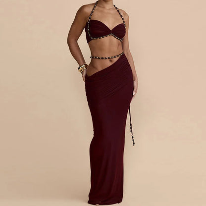 Women's Beach Style Halter Backless Sleeveless Short Top with Maxi Skirt Two Piece Set Summer Sexy Solid Patchwork Slim Outfit