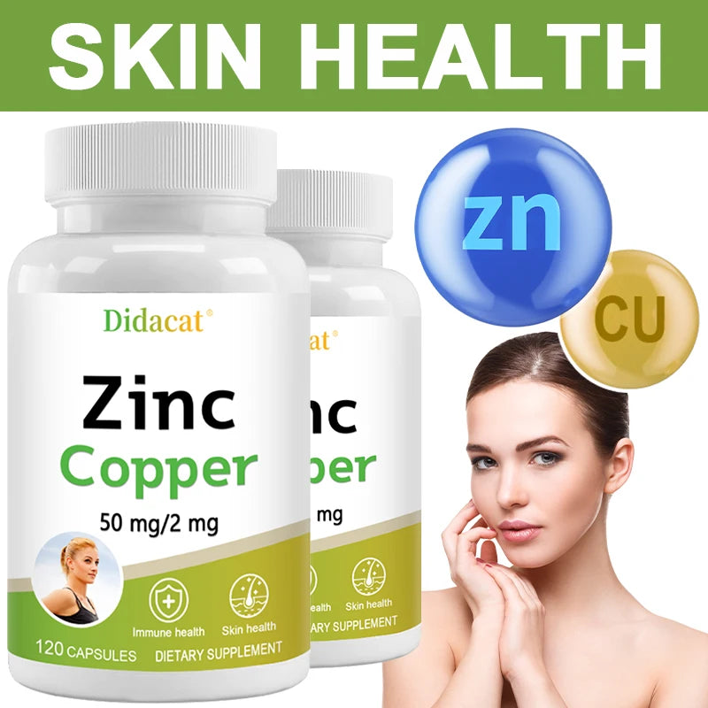 Zinc and Copper Dietary Supplement, 120 Capsules, Mineral and Antioxidant Supplement, Immunity and Mood, Supports Skin Health