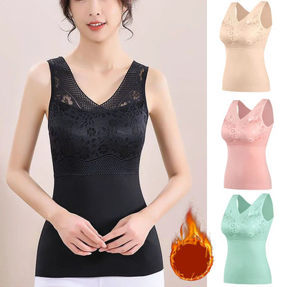 Winter Women Warm Thermal Tank Tops With Bra Padded Soft Thick Fleece Undershirt Stretch Velvet Thermal Vest Singlet Underwear