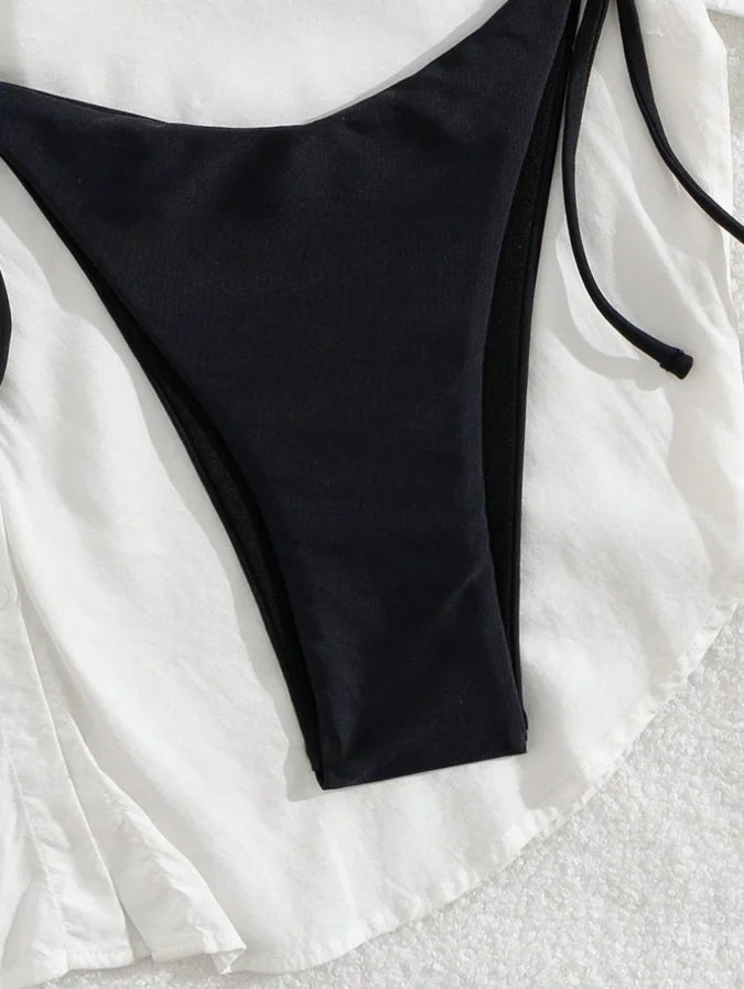 Attractive Sexy Black Rivet Tie Bikini Women's Separate Beach Swimming Suit Set Triangular Design with Chest Pad No Steel Sup...