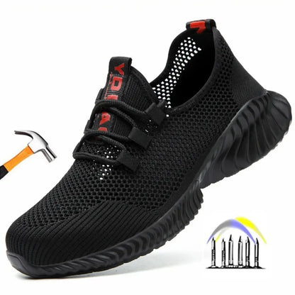 Summer Mesh Safety Shoes Breathable Lightweight Black Iron Toe Work Shoes Anti-slip Sports Safety Work Sneakers for Men Women