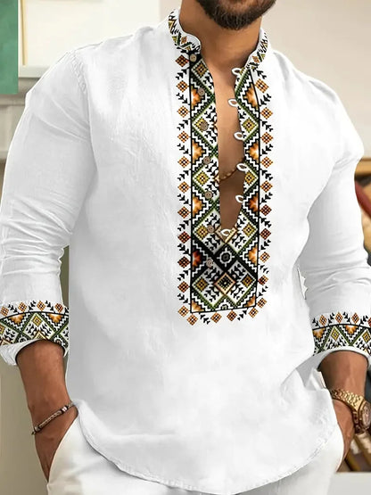 New Men's Long Sleeve Linen Shirt Tribal Vintage Street Long Sleeve Comfortable Soft Breathable Fashion Trend