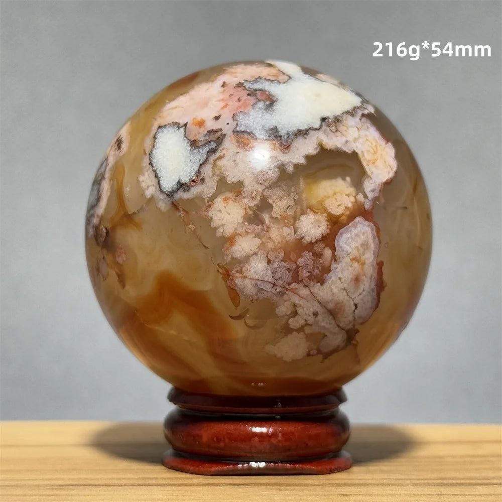 Red Cherry Blossom Agate Ball Natural Mineral Gem Aura Spiritual Meditation Massage Energy Divination Home Decoration Gift+Base