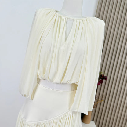 Women's Elegant Spring Summer Two Pieces Skirt Set Lady O Neck Half Sleeve Short Blouse Top + A Line Long Skirt