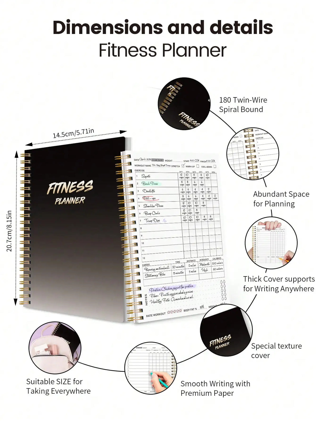 Fitness Planner Workout Journal, A5 Spiral Gym Log Book for Exercise Tracking Weight Loss & Training