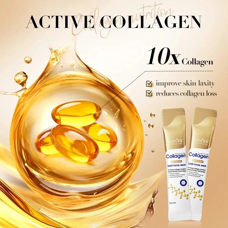 Collagen Anti-Wrinkle Hydrating and Moisturizing Sleep Mask, Collagen Anti-Wrinkle Ampoule Serum, Collagen Multi-Effect Cleansing Soap, Collagen Anti-Chapping Lip Balm, Collagen Skin Moisturizing Cream.