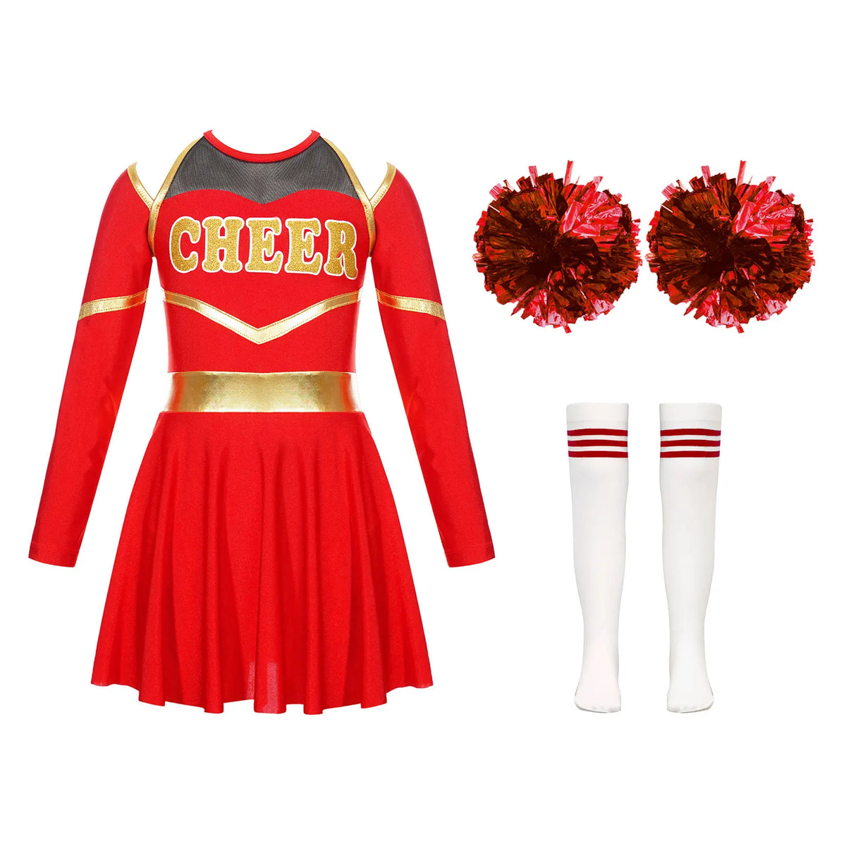 Kids Girls Cheerleading Cheer Dance Costume Cheerleader Dancing Outfits Long Sleeve Dress with Flower Balls Socks Halloween Sets