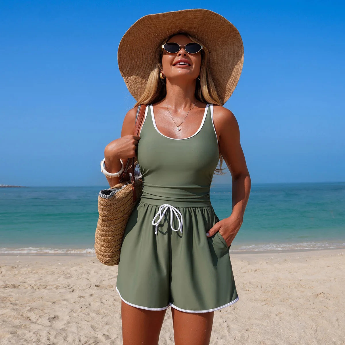 Conservative Pure Color One-Piece Swimsuit Women's Sports Bikini Cross-Border Popular Swimwear High Elasticity Quick Dry