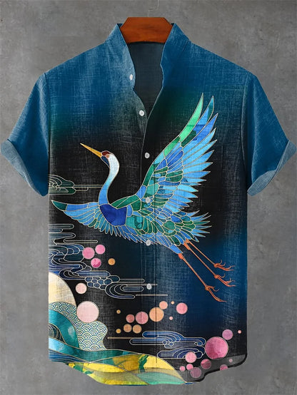 Vintage Men's Shirt Comfortable Short Sleeve Fashion 3D Crane Printed Art Pattern, Button Top, Summer Top