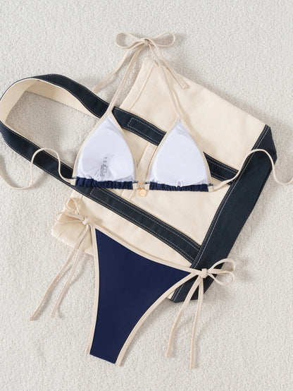 Sexy Navy Patchwork Bikini Set 2026 Women Halter Push Up Bra Triangle Swimsuit Brazilian Beach Bathing Suit Micro Swimwear