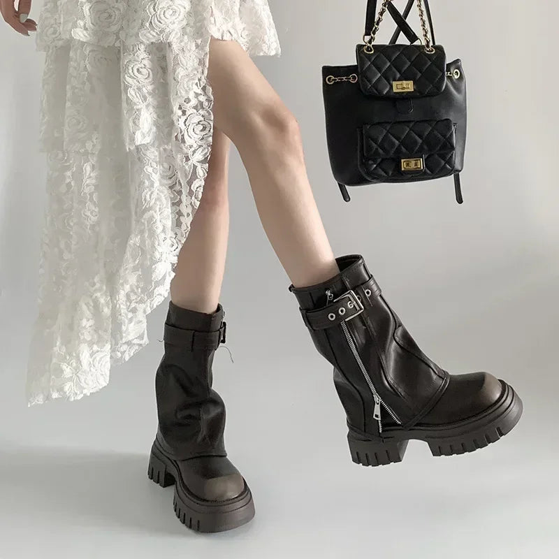 Winter Women Biker Boots Fashion Belt Buckle Ladies Elegant Platform Long Pipe Booties Casual Women's Knee High Booties2024