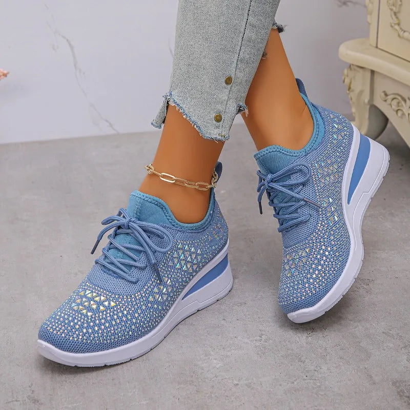 Sneakers Fall New Fashion  Round Toe Rhinestone Mesh Lace-Up Front Platform Non-Slip Wear-Resistant Wedge