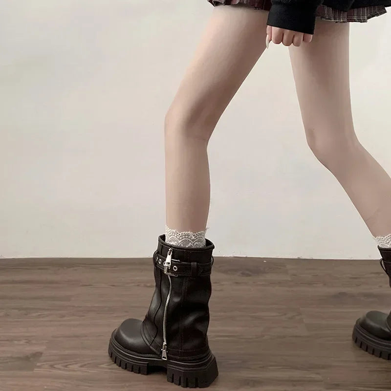 Winter Women Biker Boots Fashion Belt Buckle Ladies Elegant Platform Flats Short Booties Casual Women's Knight Booties 2026 New