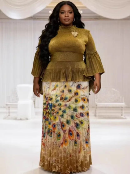 African Miyake Folds 2026 New Printing Set Loose Fashion Loose Women's Clothing Pleated Skirt Two-piece Set