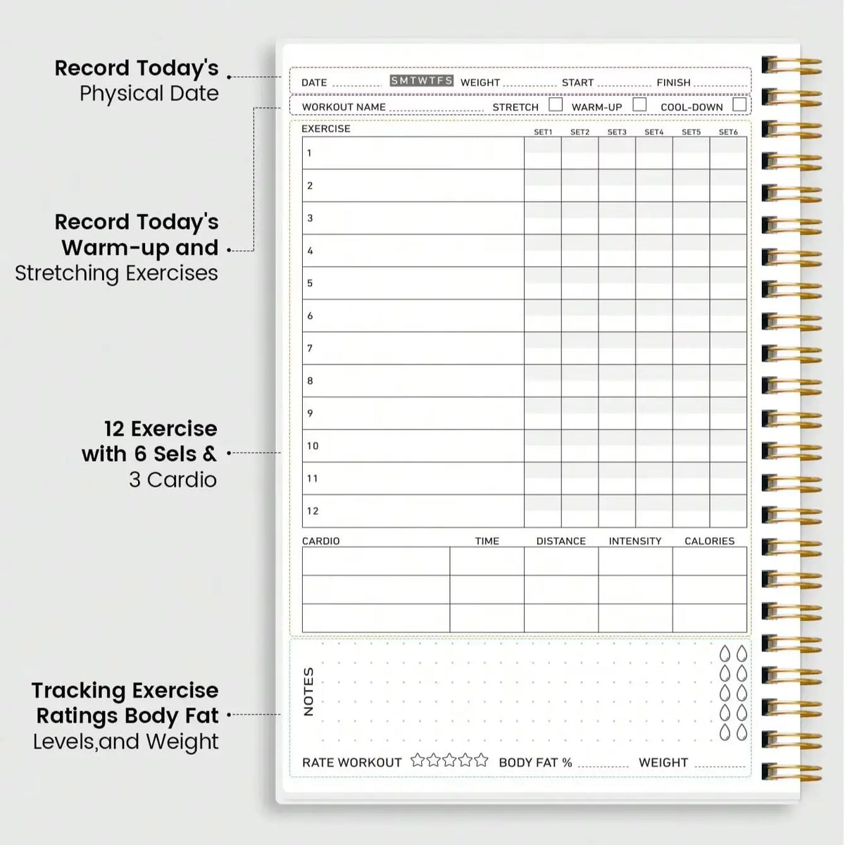Fitness Planner Workout Journal, A5 Spiral Gym Log Book for Exercise Tracking Weight Loss & Training