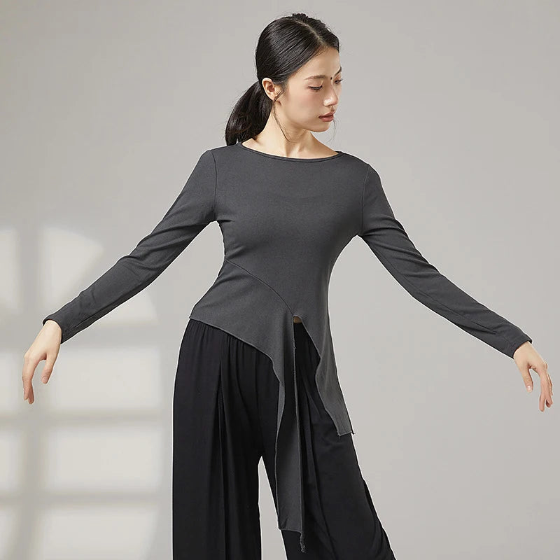 Women Modern Dance Practice Clothes Top Long Sleeve Shirt Hem Bandage Elegant Slim Adult Performance Latin Competition Dancewear