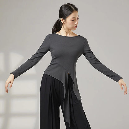 Women Modern Dance Practice Clothes Top Long Sleeve Shirt Hem Bandage Elegant Slim Adult Performance Latin Competition Dancewear
