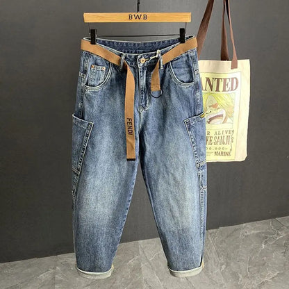 Spring Autumn Loose Blue Jeans for Men Designer Hip-hop Streetwear Straight-leg Casual Workwear Pants Washed Baggy Trousers Men